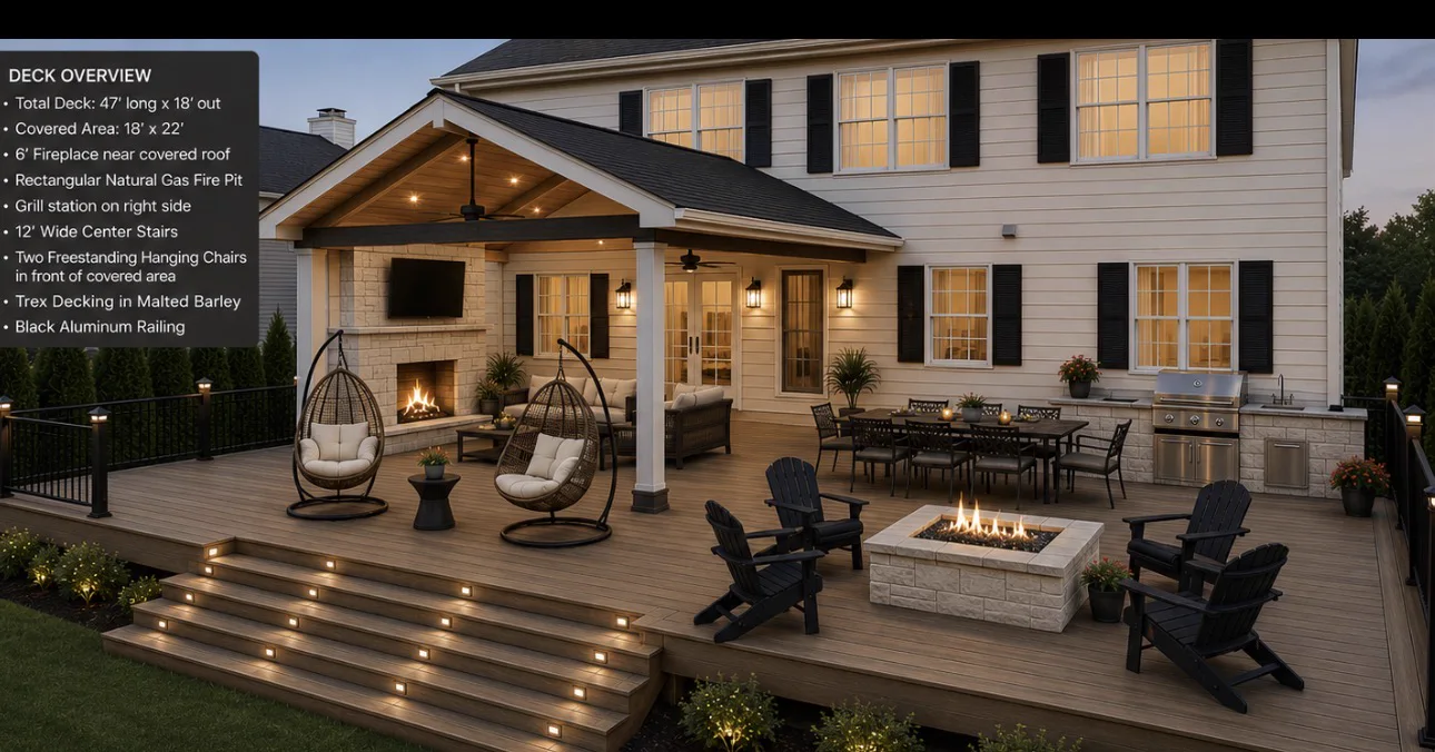 Design visualization of a covered deck and stone chimney project in Solebury, Pennsylvania